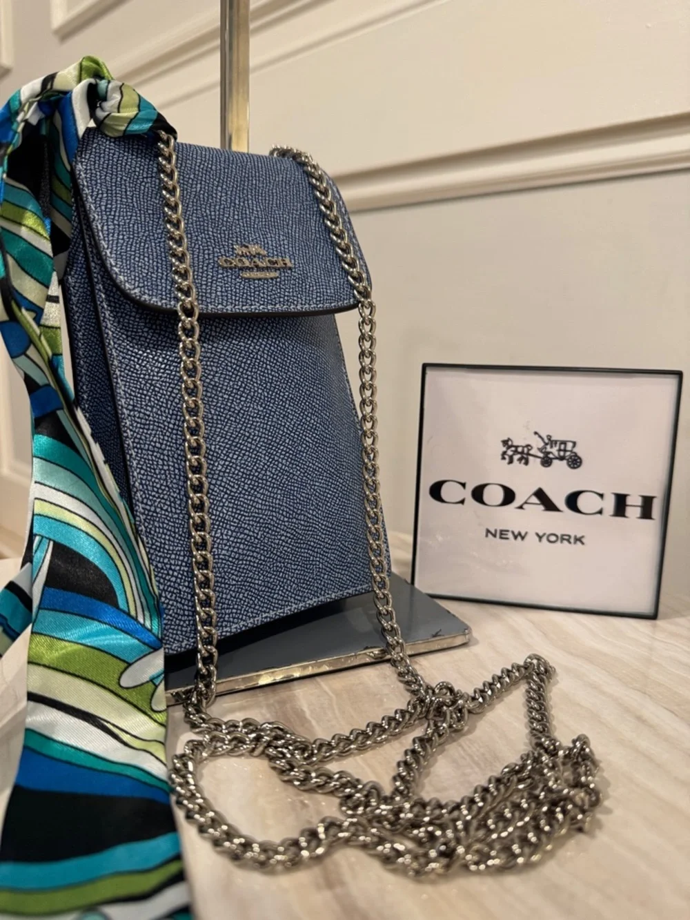 Coach Bag North South Light Denim Blue Leather Crossbody Phone Pouch with Chain